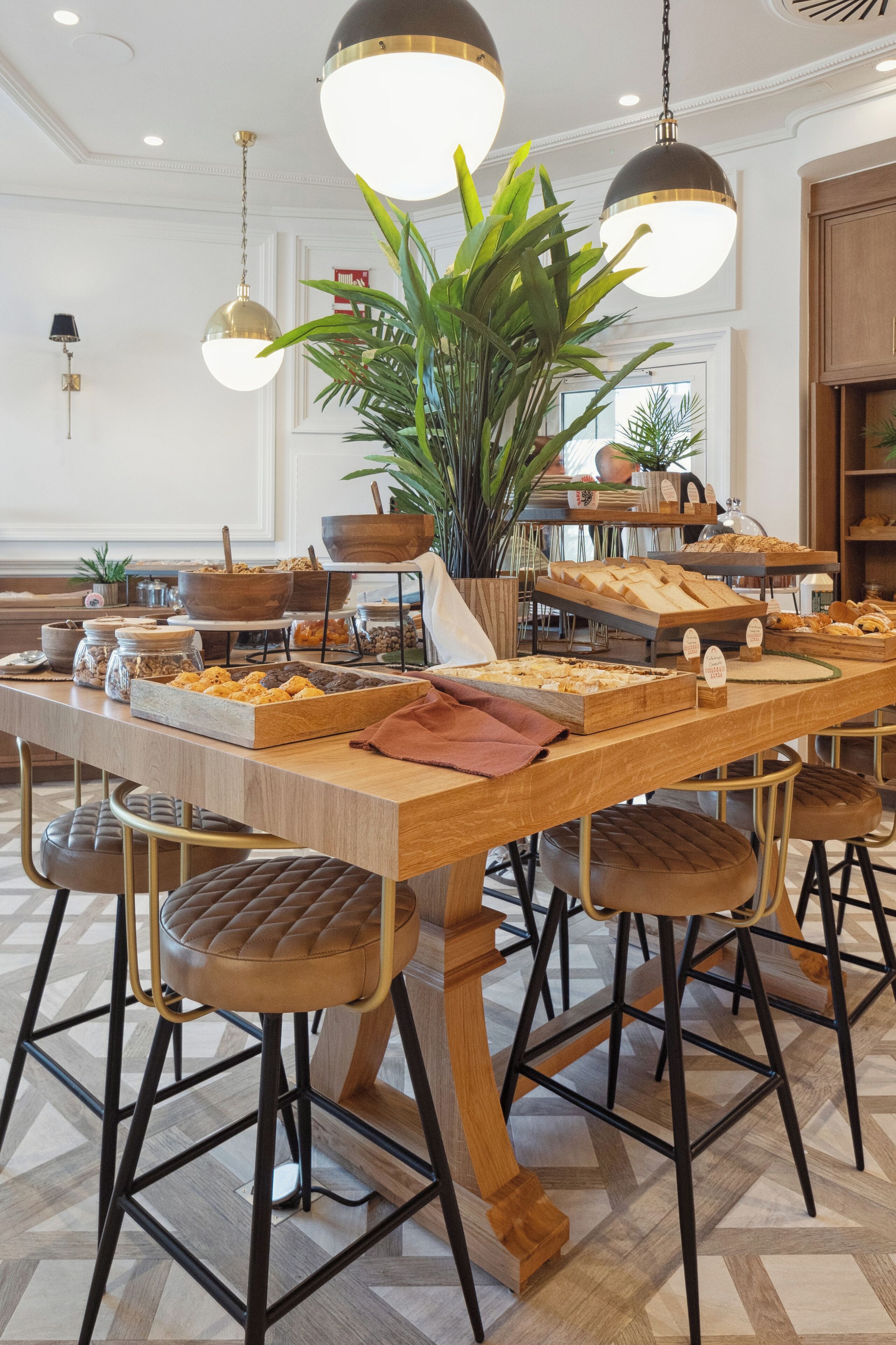 A buffet setup with various food items and a large potted plant.