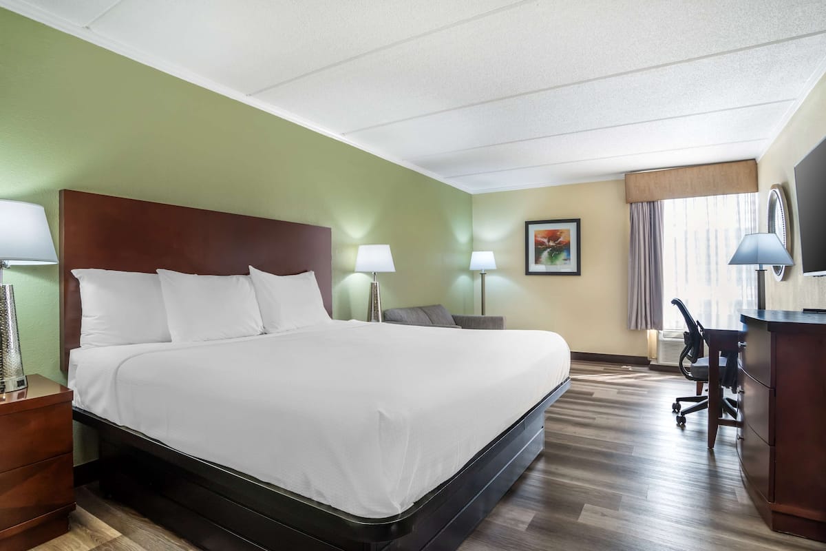 A hotel room with a large bed, a desk with a chair, a lamp, and a picture on the wall.