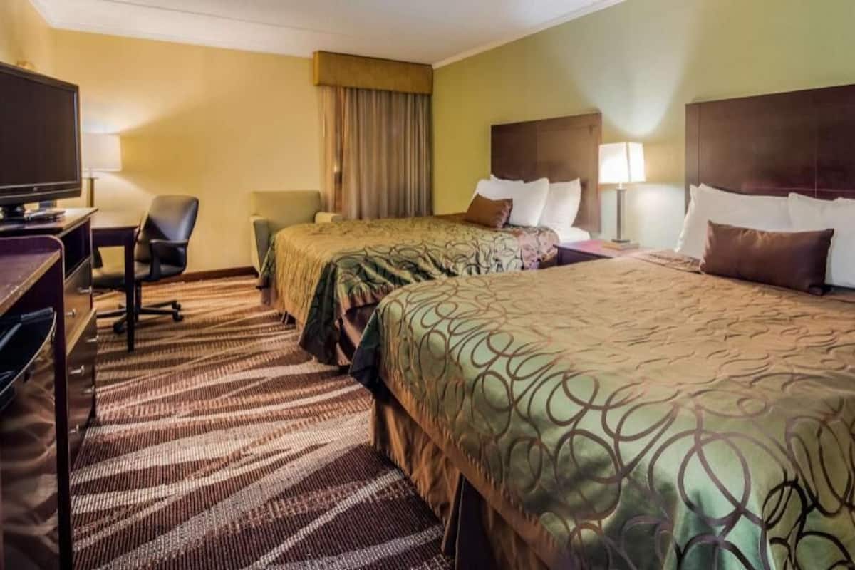 A hotel room with two beds, a desk with a chair, a television, and a lamp.