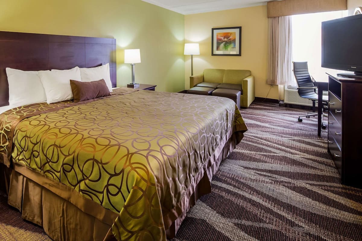 A hotel room with a large bed, two bedside tables, a desk with a chair, a television, and a painting on the wall.