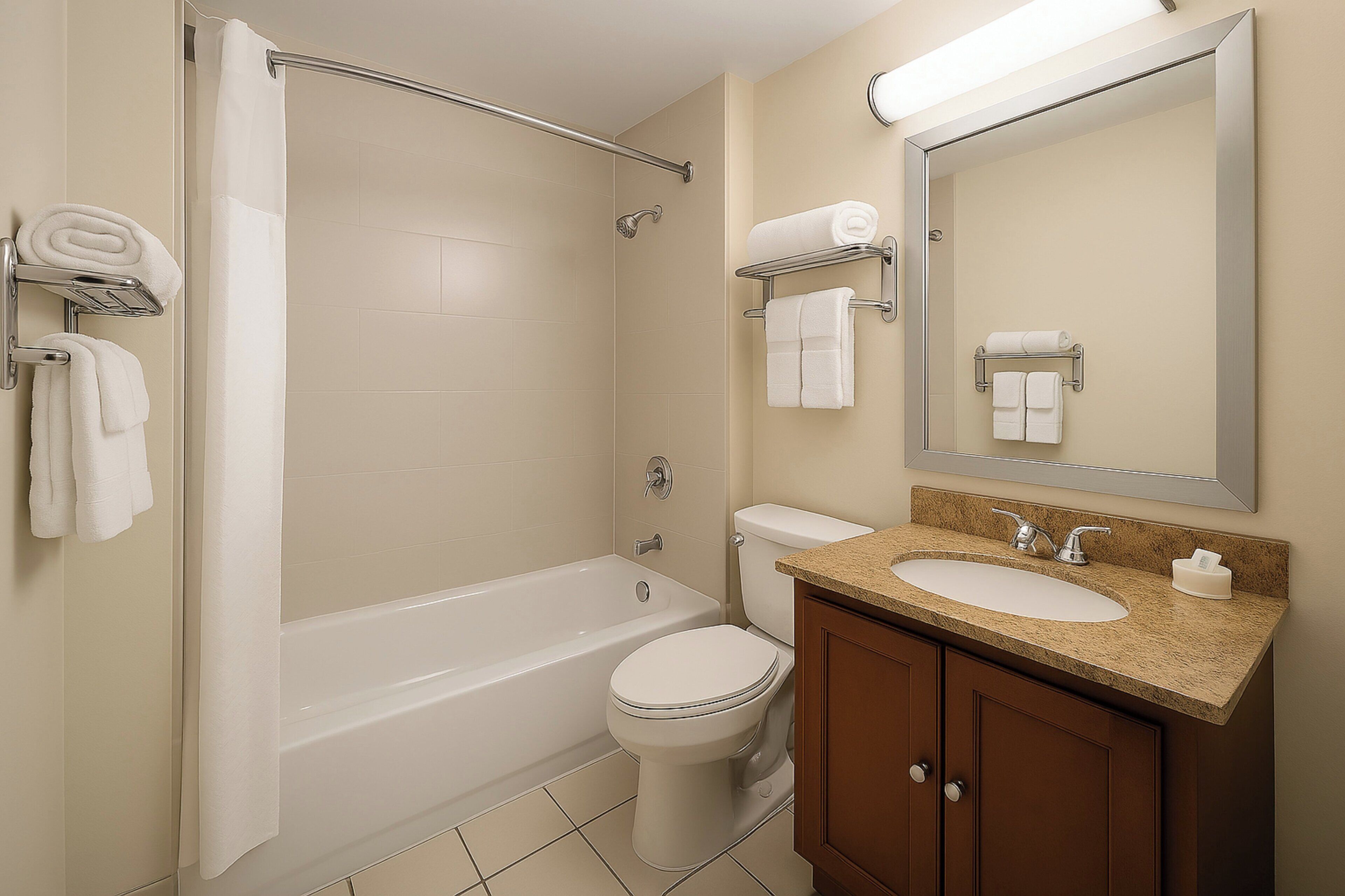 A bathroom with a bathtub, toilet, and sink.