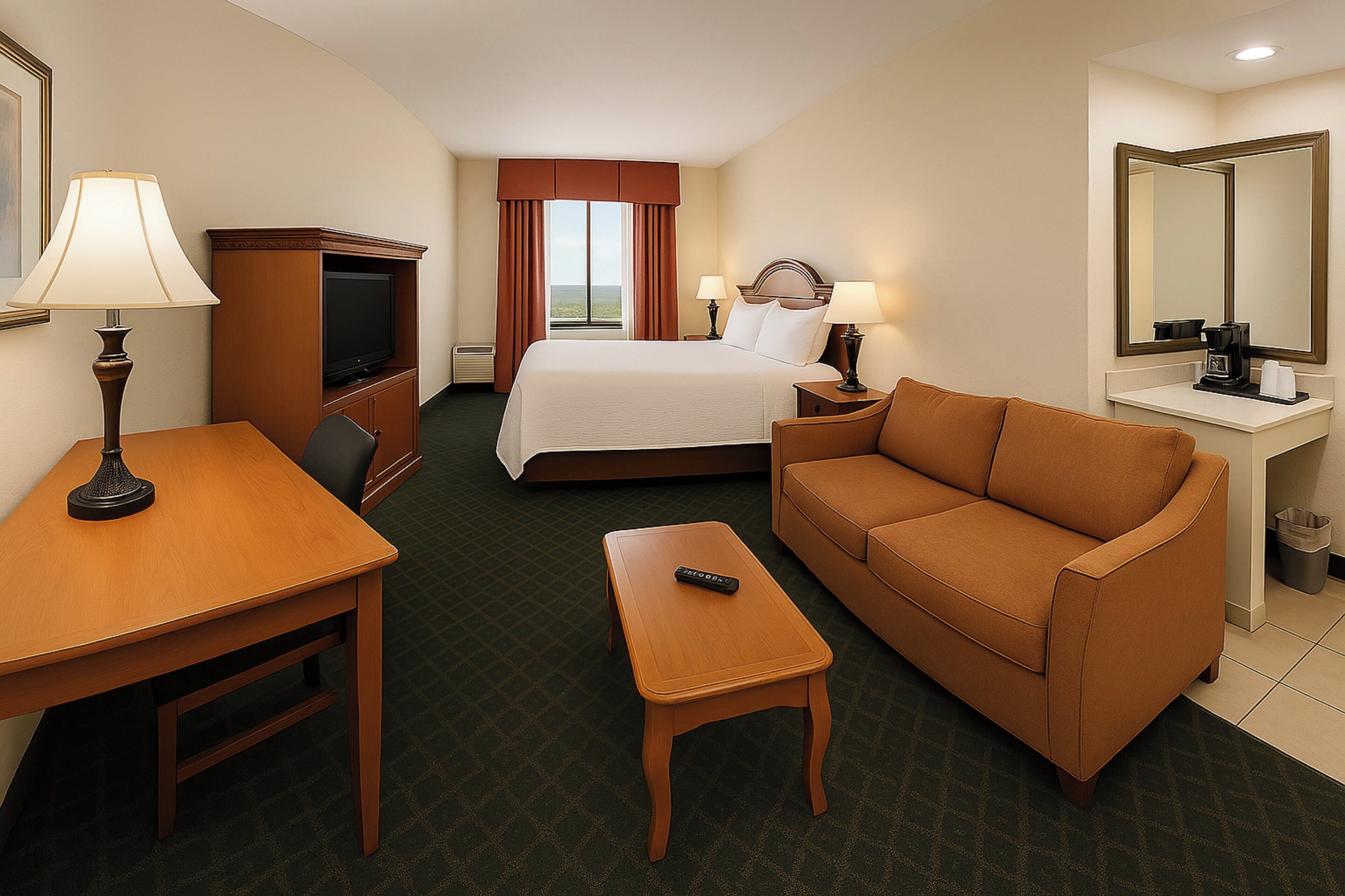 A hotel room with a bed, a sofa, a desk, a television, and a mirror.