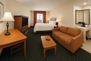 Una habitación de hotel con cama, sofá, escritorio, televisor y espejo.