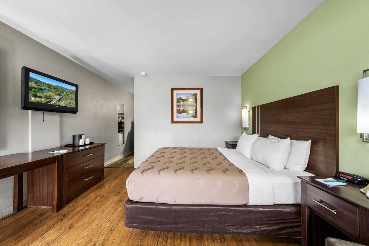 A hotel room with a bed, a desk, a television, and a framed picture on the wall.