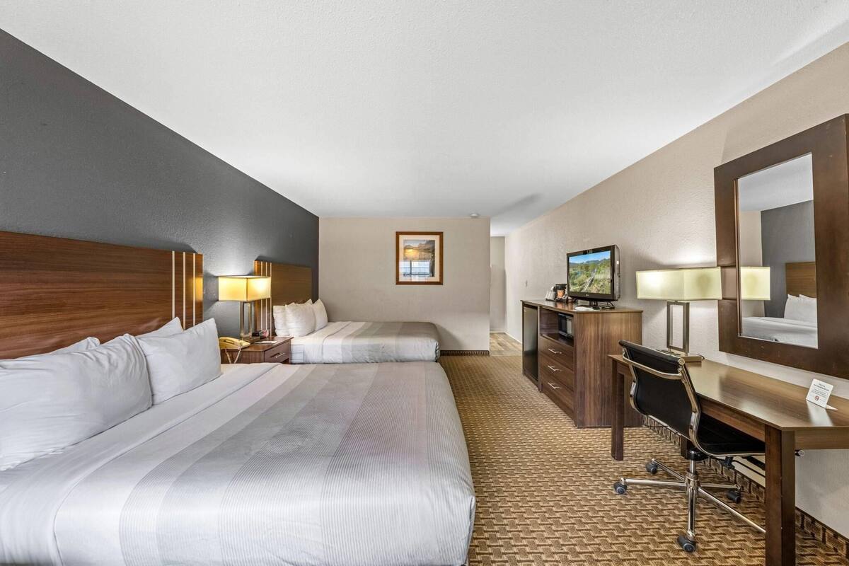 A hotel room with two beds, a desk, a chair, a television, and a mirror.