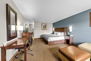 Habitación de hotel con cama, escritorio, silla y un espejo grande.
