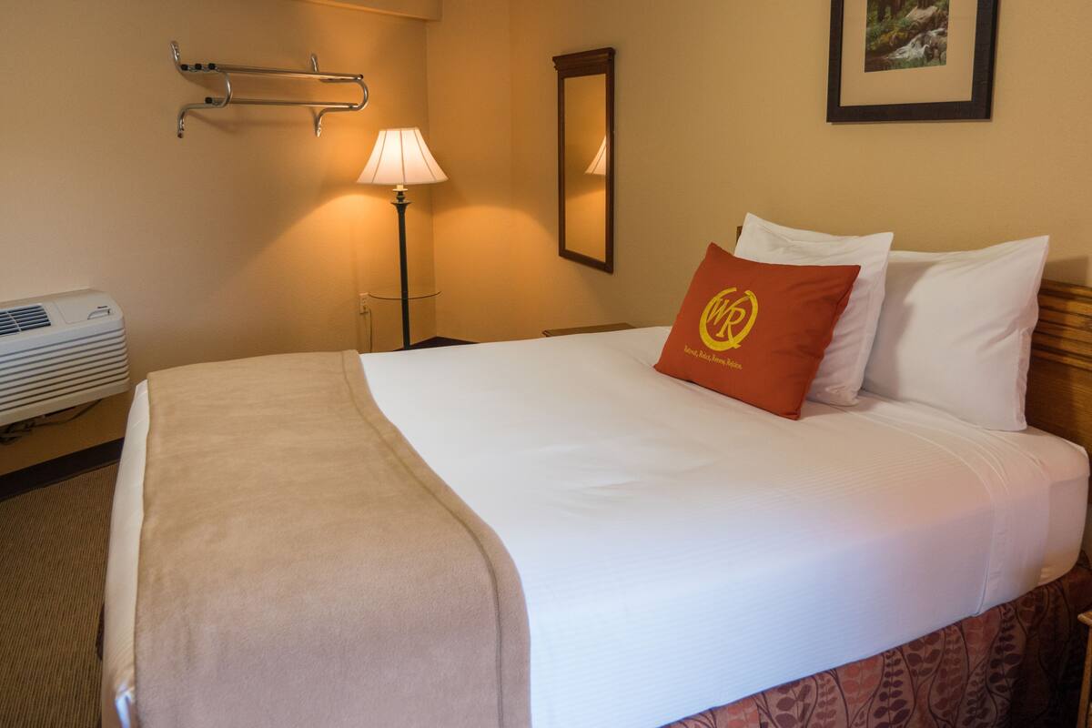 Una habitación de hotel con una cama, una lámpara de noche, un espejo, un cuadro en la pared y un equipo de aire acondicionado.