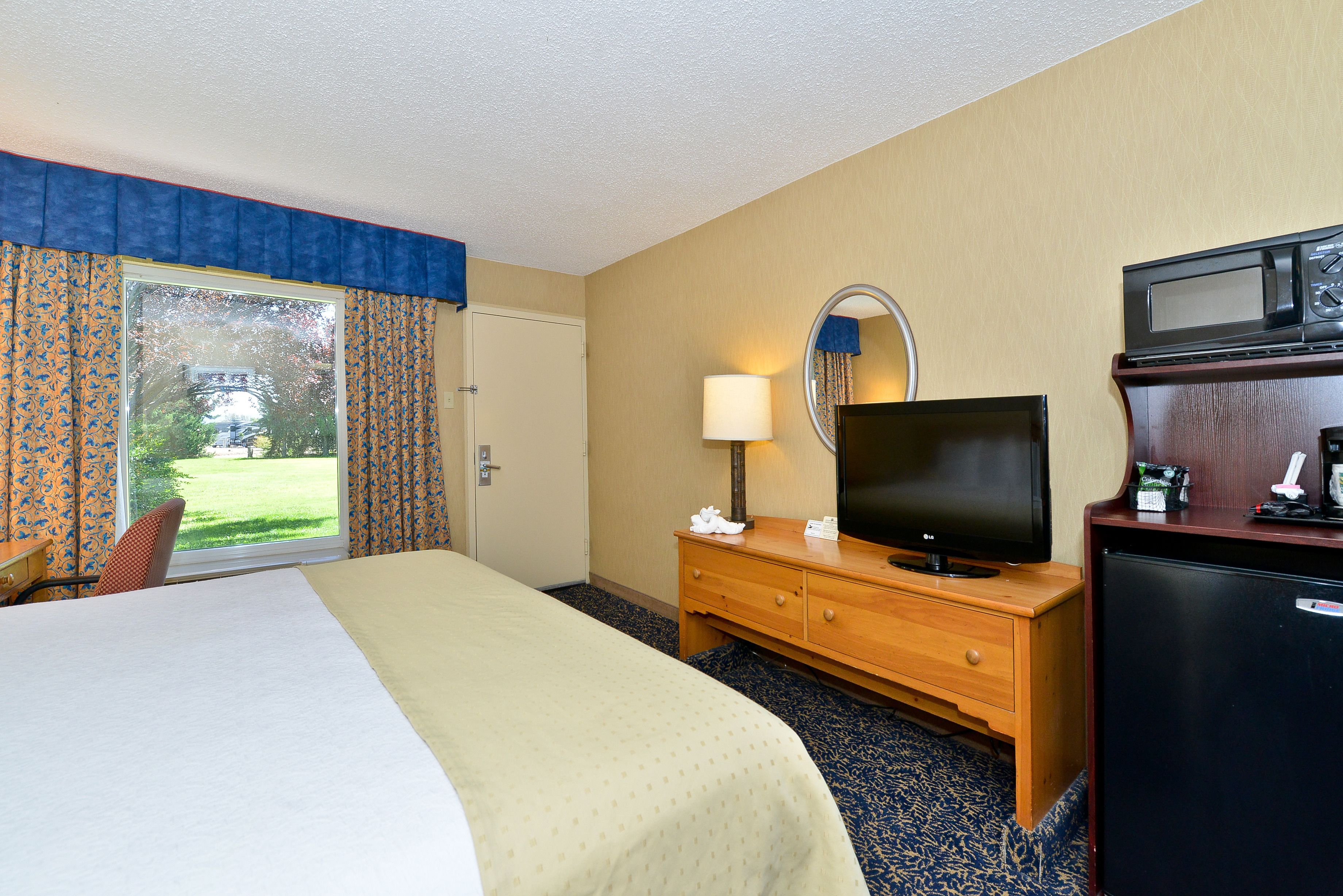 A hotel room with a bed, a television, a dresser, and a microwave.