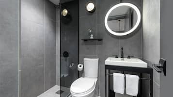 Uma casa de banho moderna com sanita, lavatório e chuveiro.