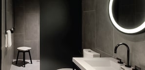 Shower, rainfall showerhead, designer toiletries, hair dryer