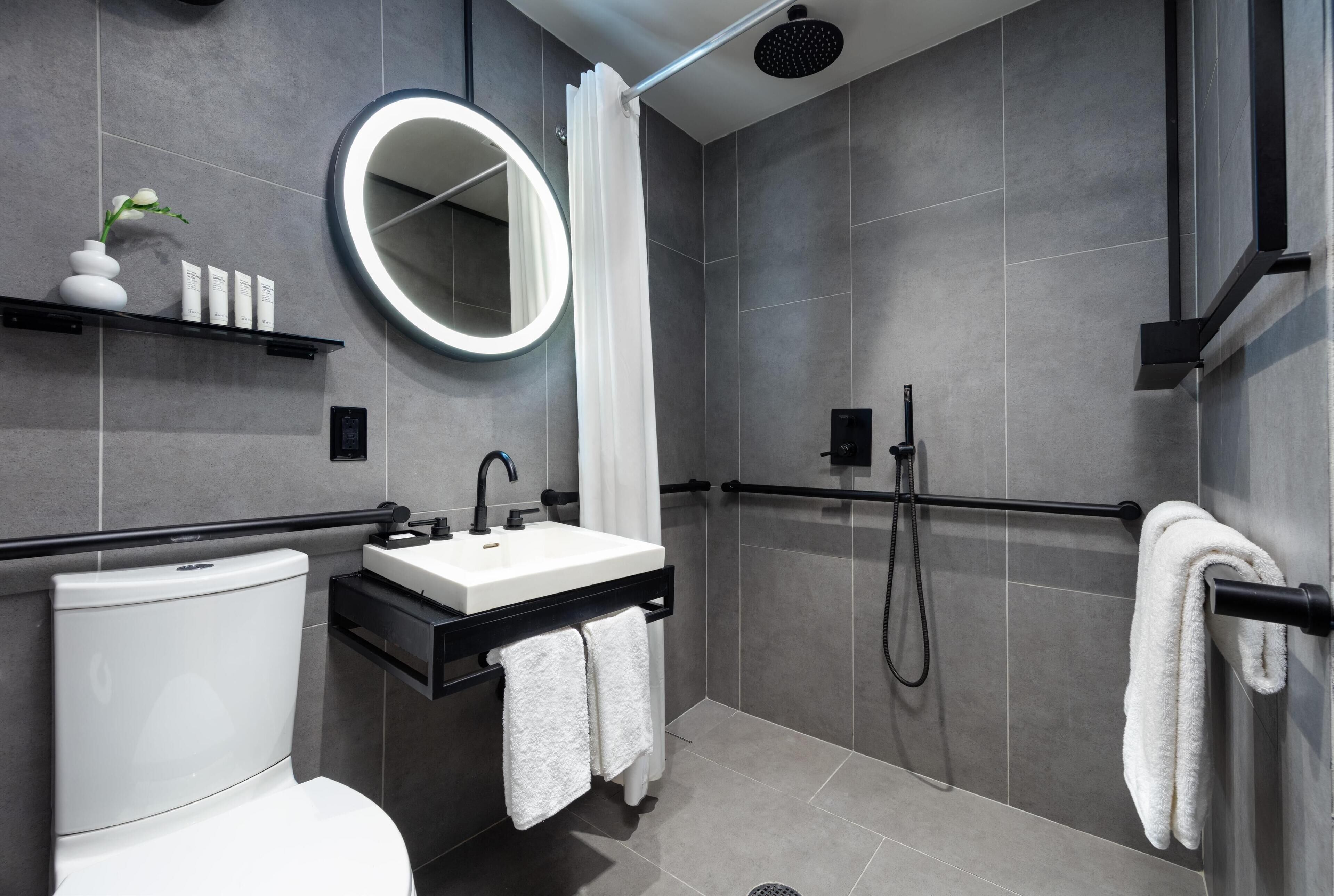 deluxe room, 1 king bed, accessible (roll-in shower) | bathroom | shower, rainfall showerhead, designer toiletries, hair dryer