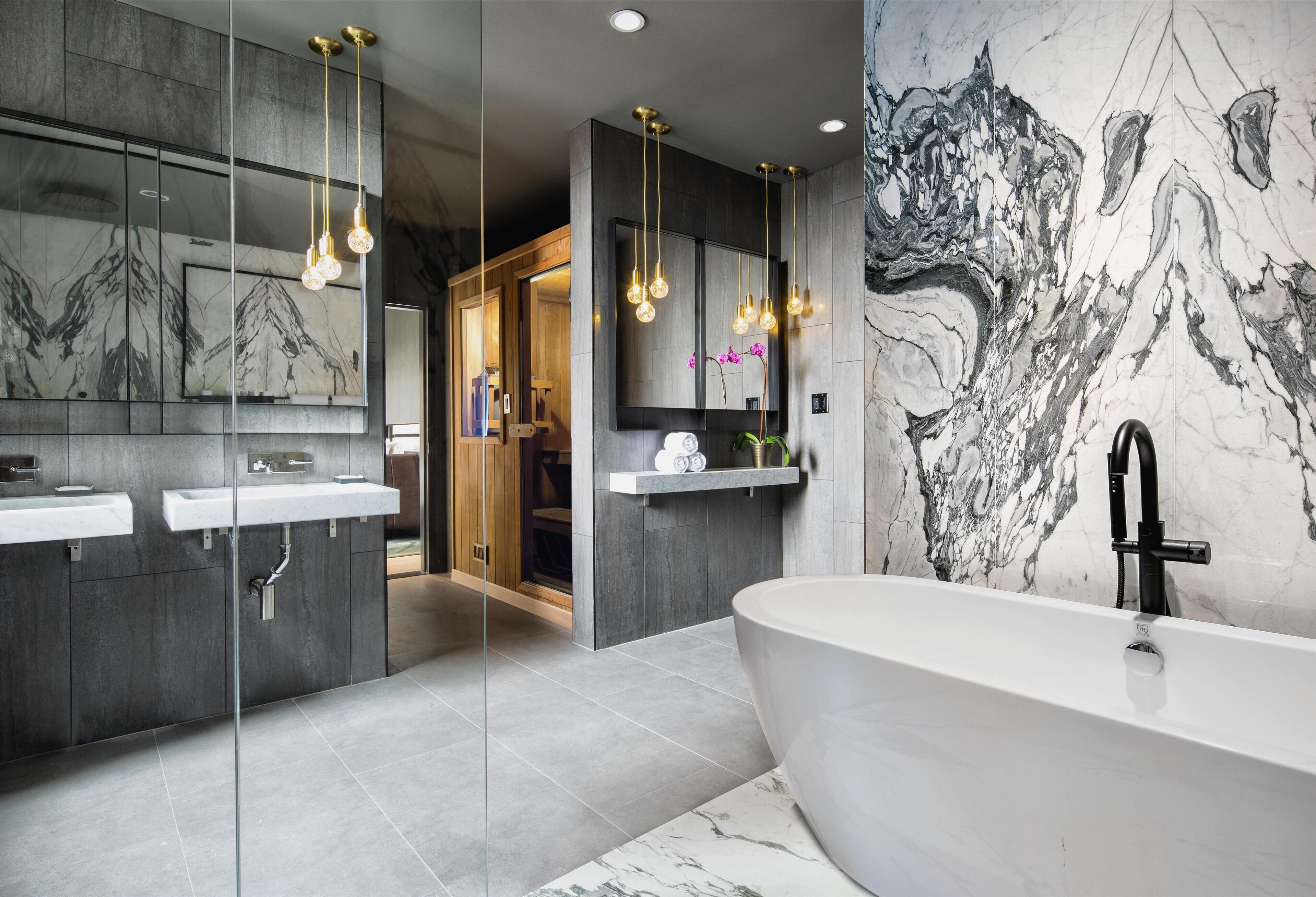 Shower, rainfall showerhead, designer toiletries, hair dryer