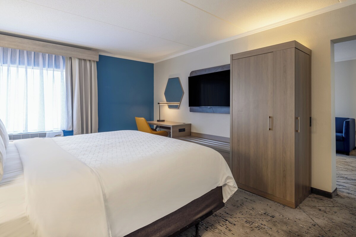 Een hotelkamer met een groot bed, een bureau met stoel, een kledingkast en een aan de muur bevestigde televisie.