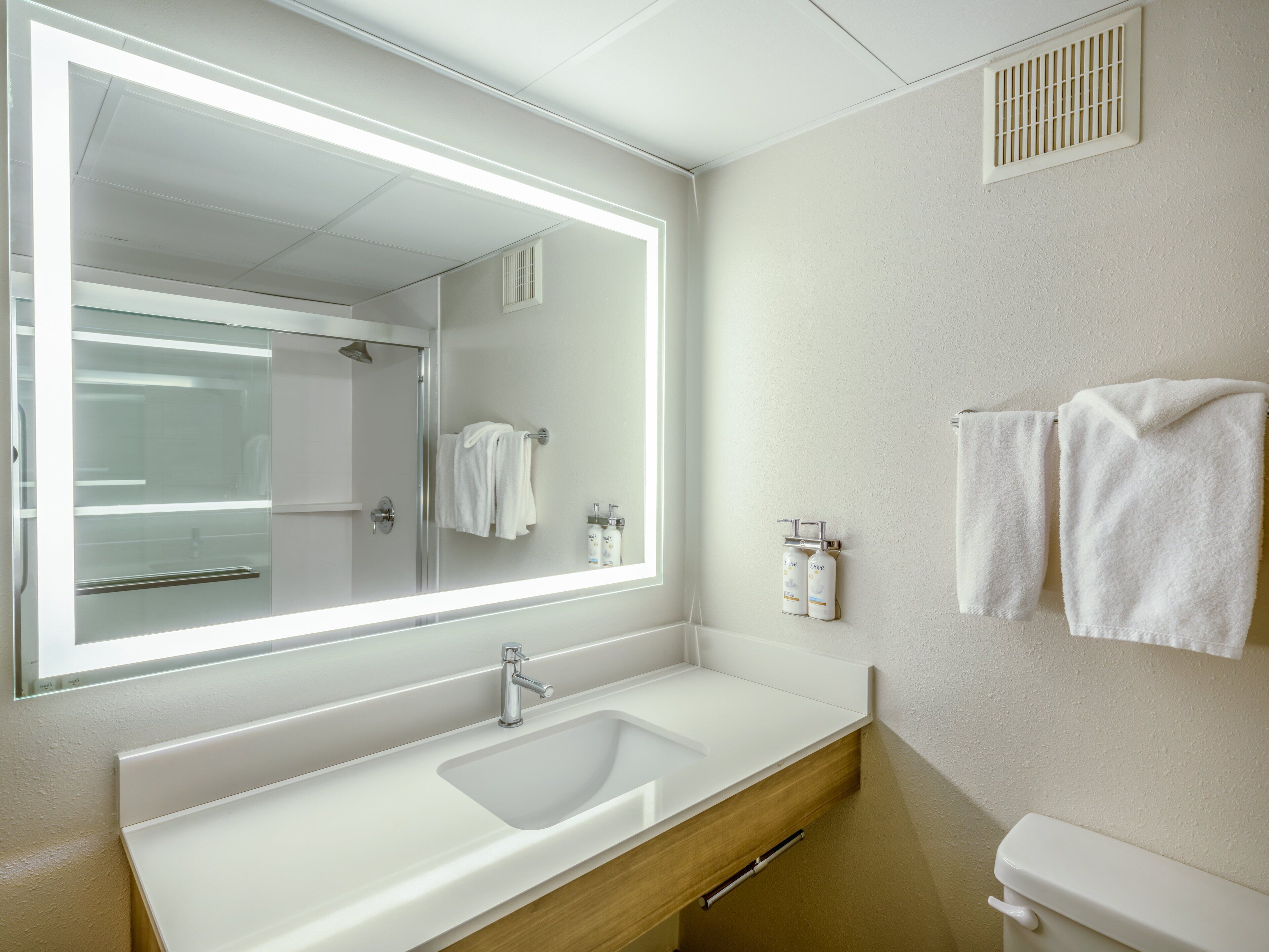 combined shower/bathtub, free toiletries, hair dryer, towels