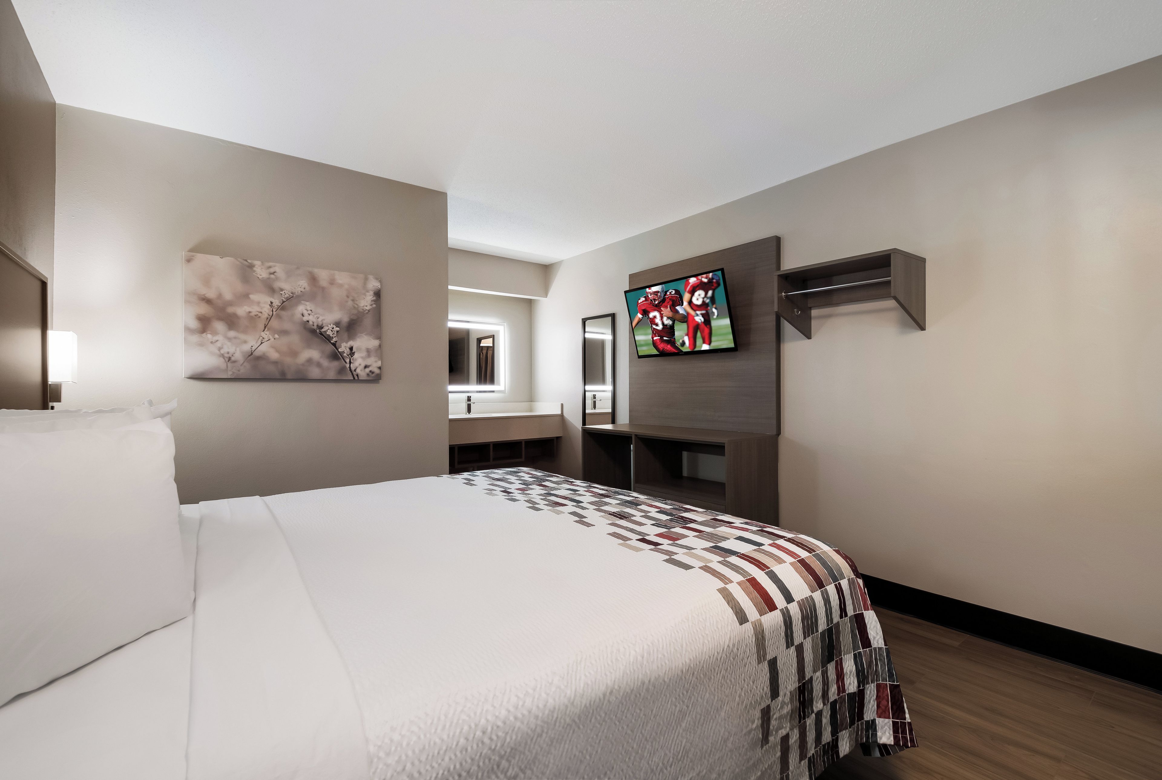 A hotel room with a bed, a TV mounted on the wall, a mirror, and a painting.