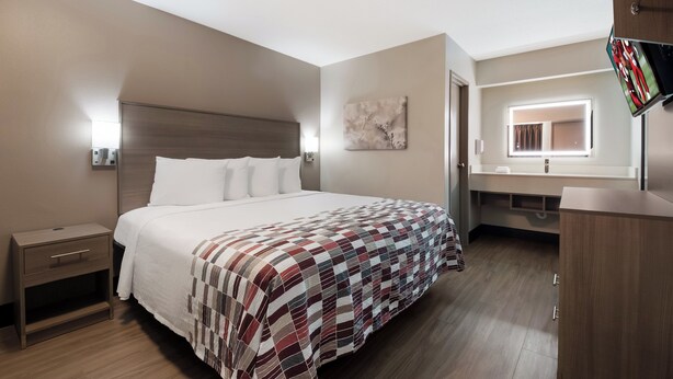 A hotel room with a bed, a nightstand, a dresser, a mirror, and a window. - Red Roof Inn Chattanooga - Hamilton Place (Chattanooga)
