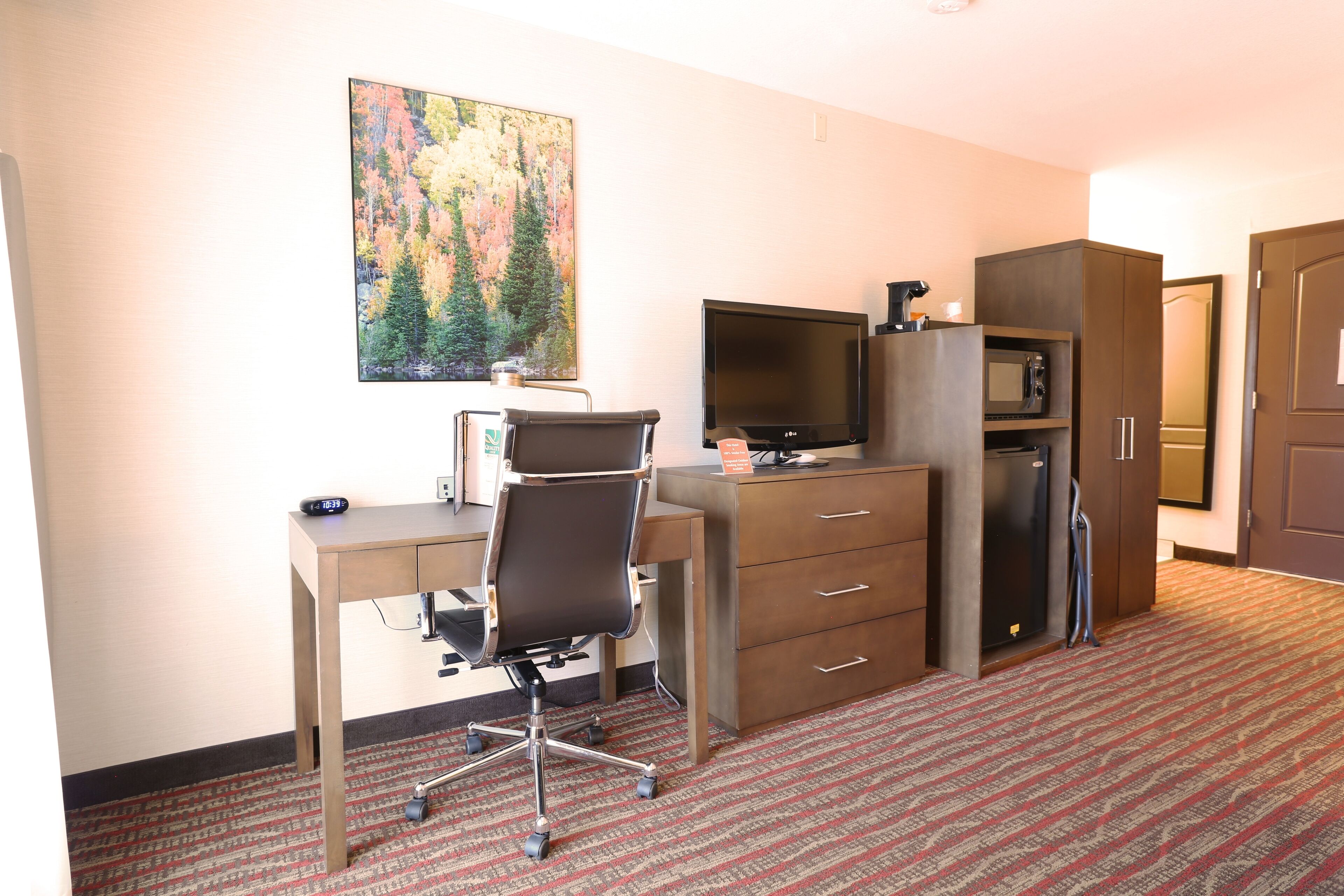 Habitación de hotel con escritorio, silla, televisión, microondas y armarios.