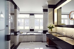 Suite (Beau Rivage) | Bathroom | Deep-soaking bathtub, eco-friendly toiletries, hair dryer, bathrobes