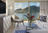 A modern hotel room with a balcony, a flat-screen TV, a sofa, a coffee table, and a decorative vase with flowers.