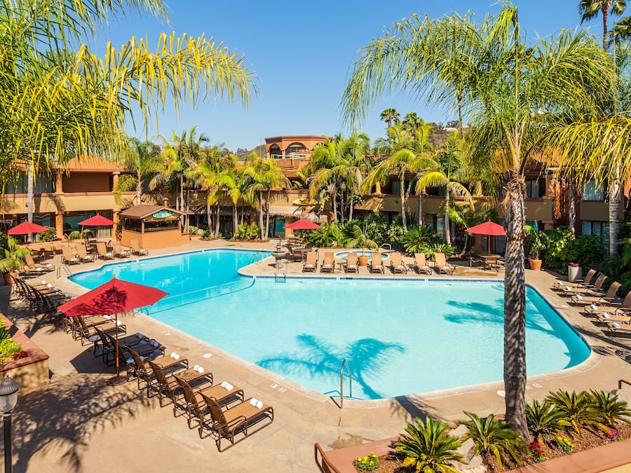 Outdoor pool, pool umbrellas, pool loungers