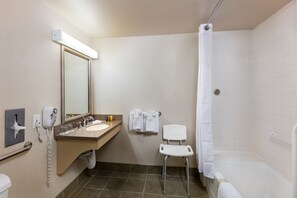 Ein Badezimmer mit Waschbecken, Spiegel, Handtuchhalter, Dusche und einem rollstuhlgerechten Sitz.