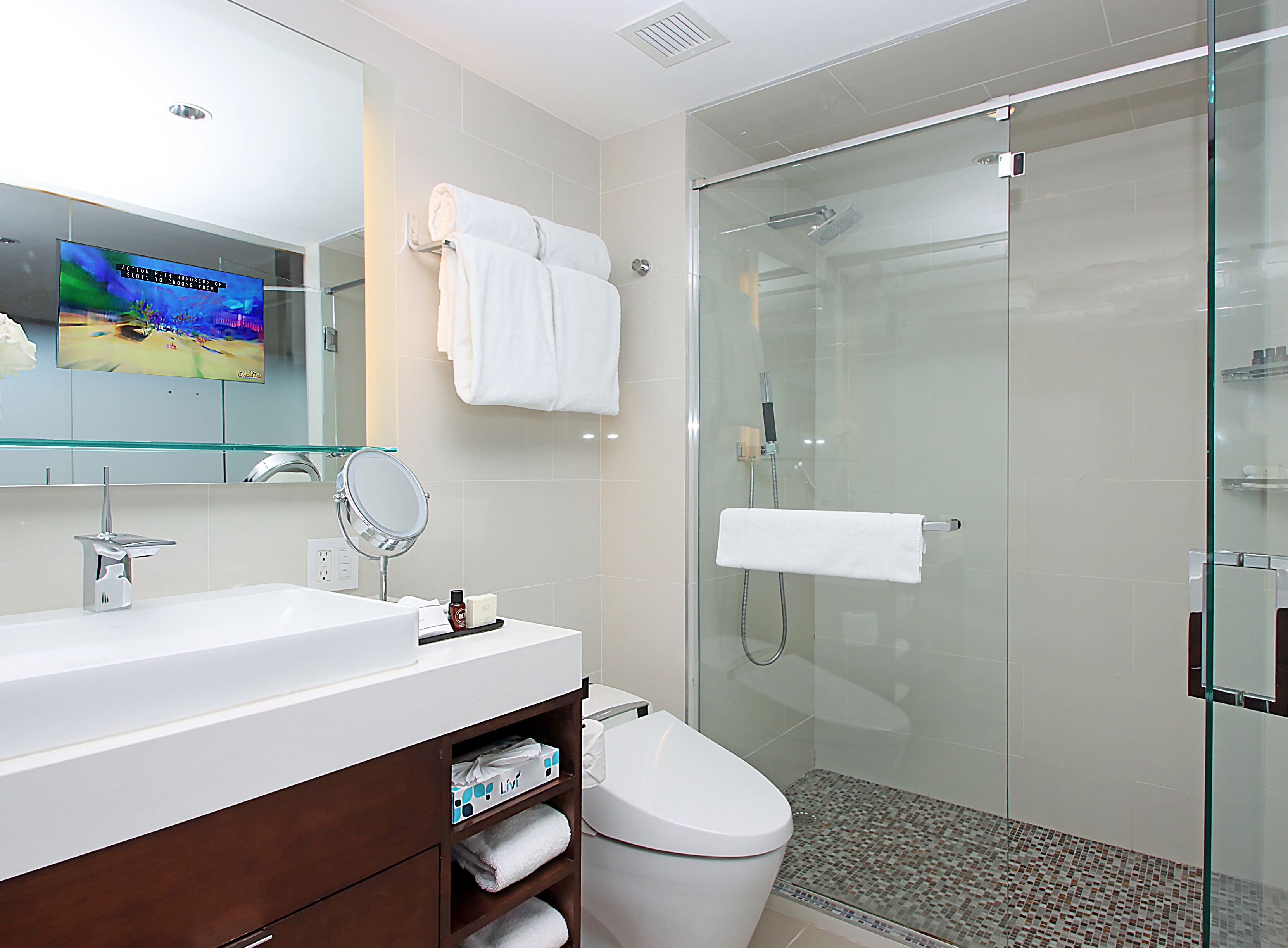 hydromassage showerhead, designer toiletries, hair dryer, bathrobes