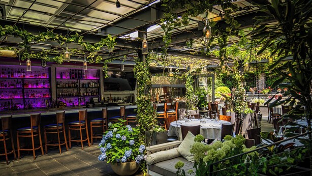 An indoor restaurant with a bar area, seating, and greenery. - J House Greenwich (Riverside)