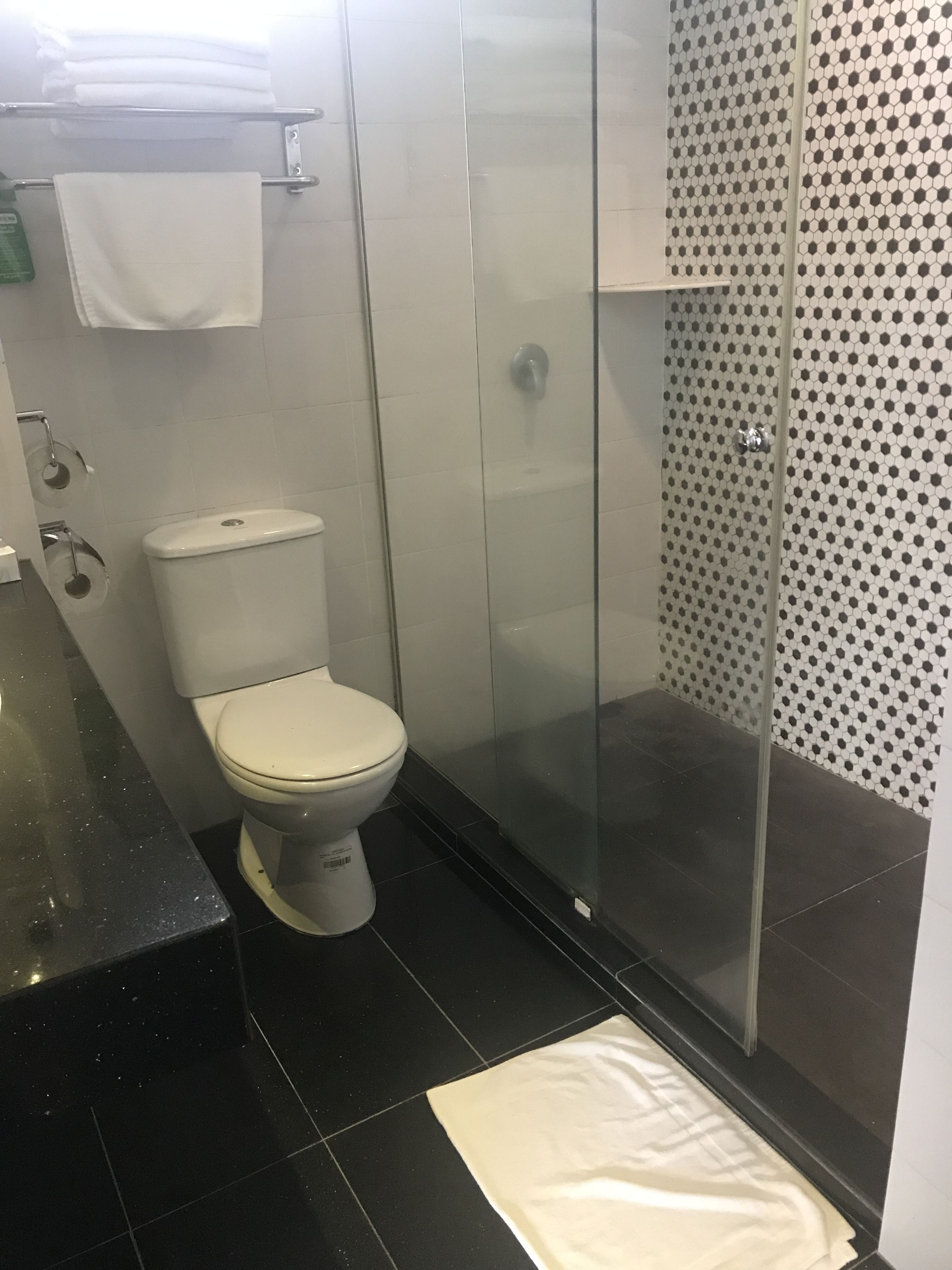 A modern bathroom with a toilet, a glass shower enclosure, and a tiled floor.