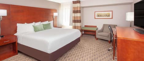 Una habitación de hotel con una cama grande, un escritorio, una silla y un televisor.