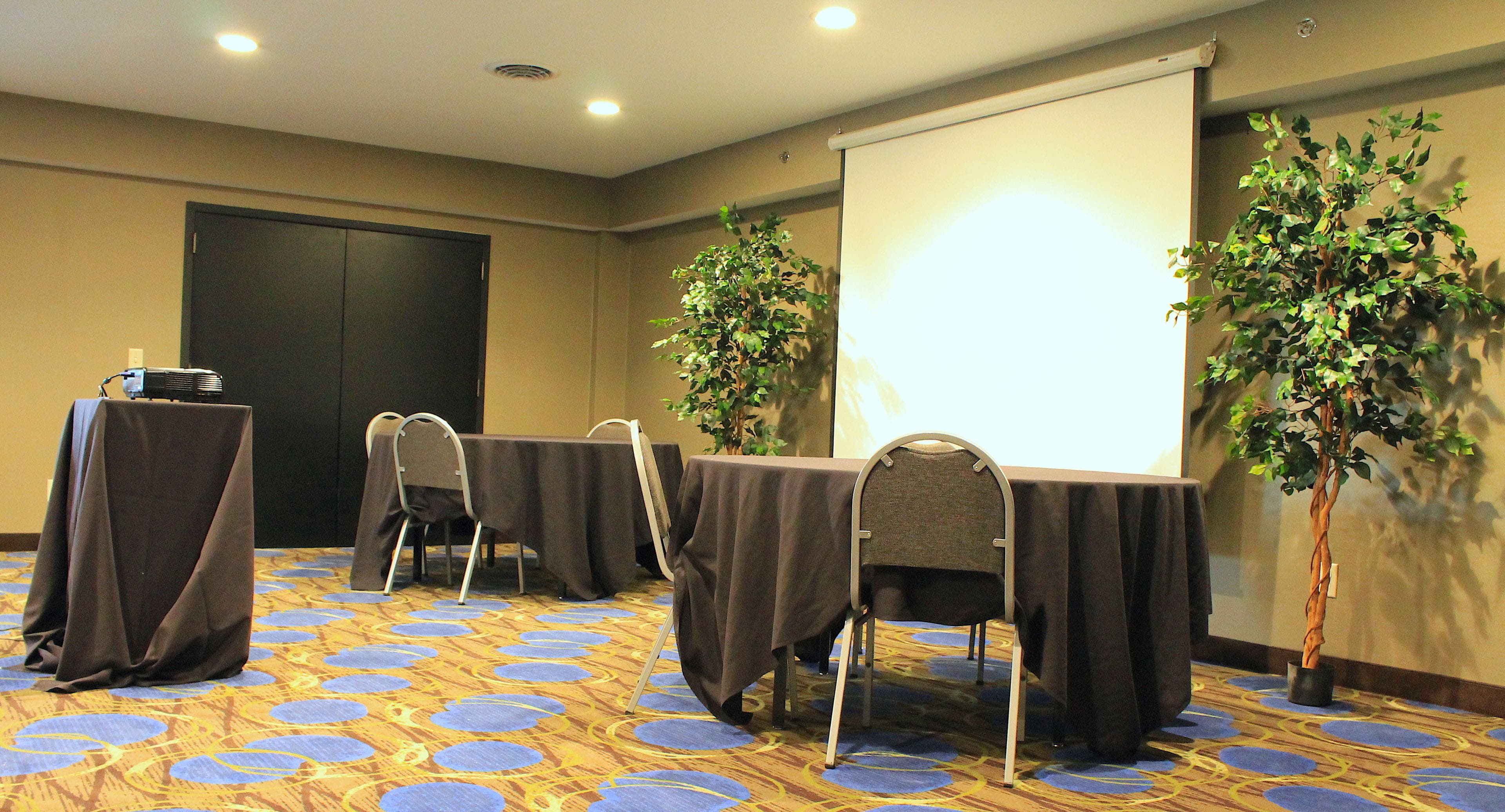 A conference room with tables covered in dark cloths, a projector screen, and two potted plants.