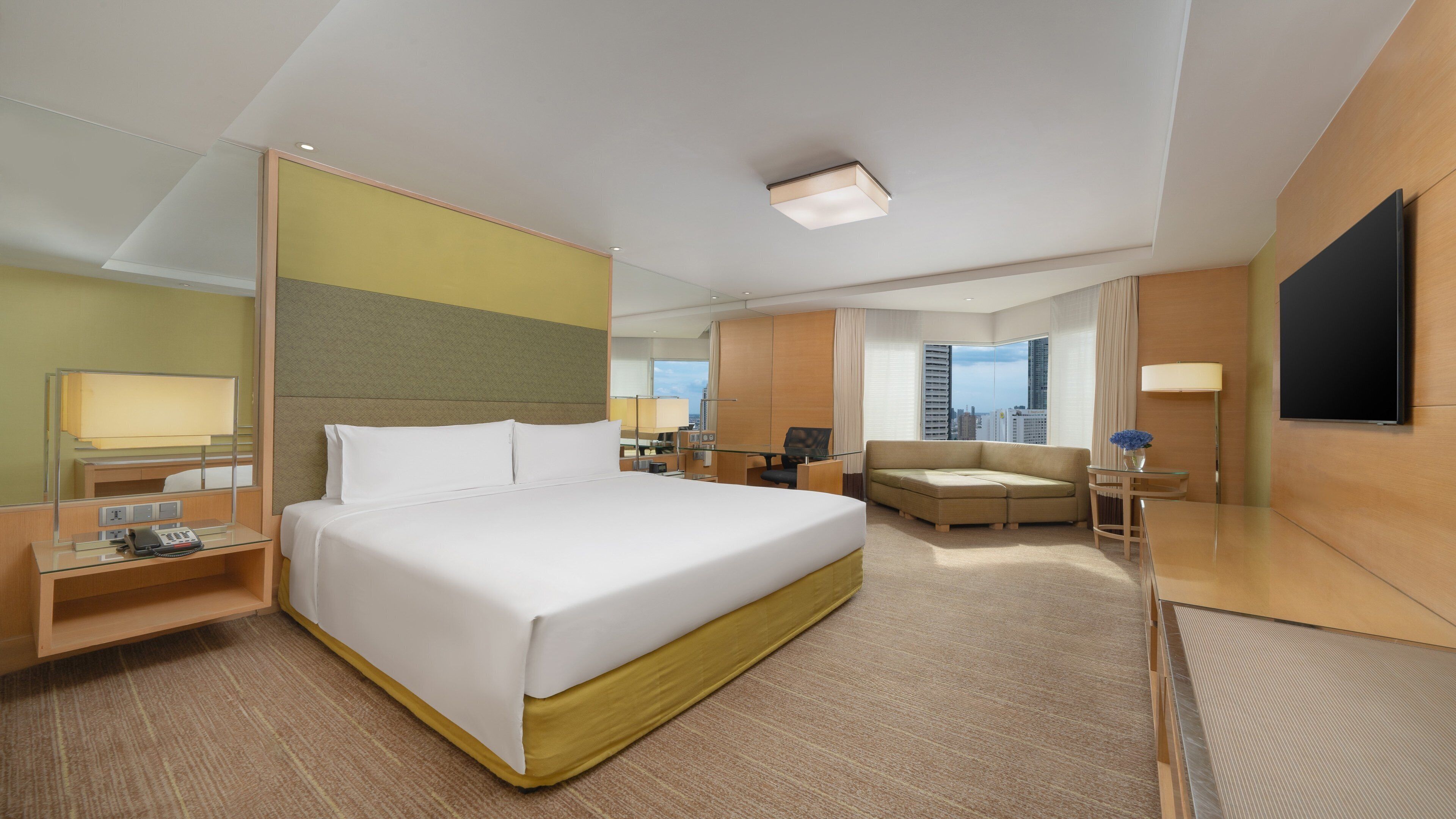 A hotel room with a large bed, a desk with a telephone, a chair, a sofa, a TV, and a window with a city view.