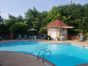 Seasonal outdoor pool, open 9 AM to 7 PM, sun loungers