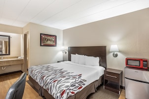 Habitación de hotel con cama, mesitas de noche, microondas, lámpara de pared, cuadro enmarco y baño con lavabo y espejo.
