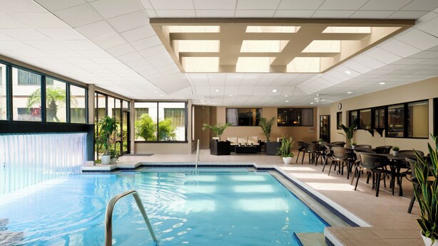 Une piscine agrémentée d’un élément décoratif aquatique, entourée d’un espace de détente extérieur et de plantes en pot.