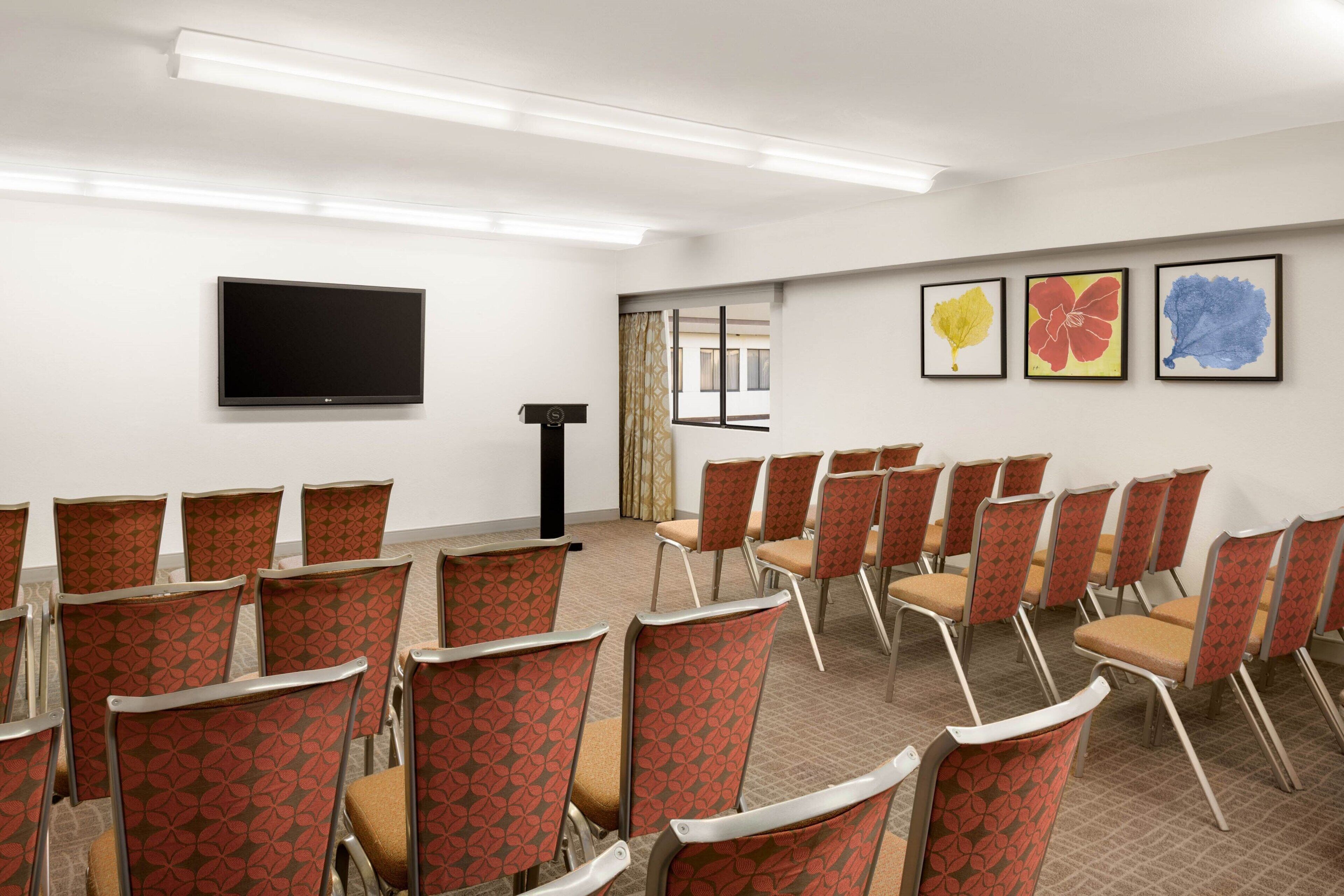 A conference room with rows of chairs, a flat-screen TV, and framed artwork on the wall.