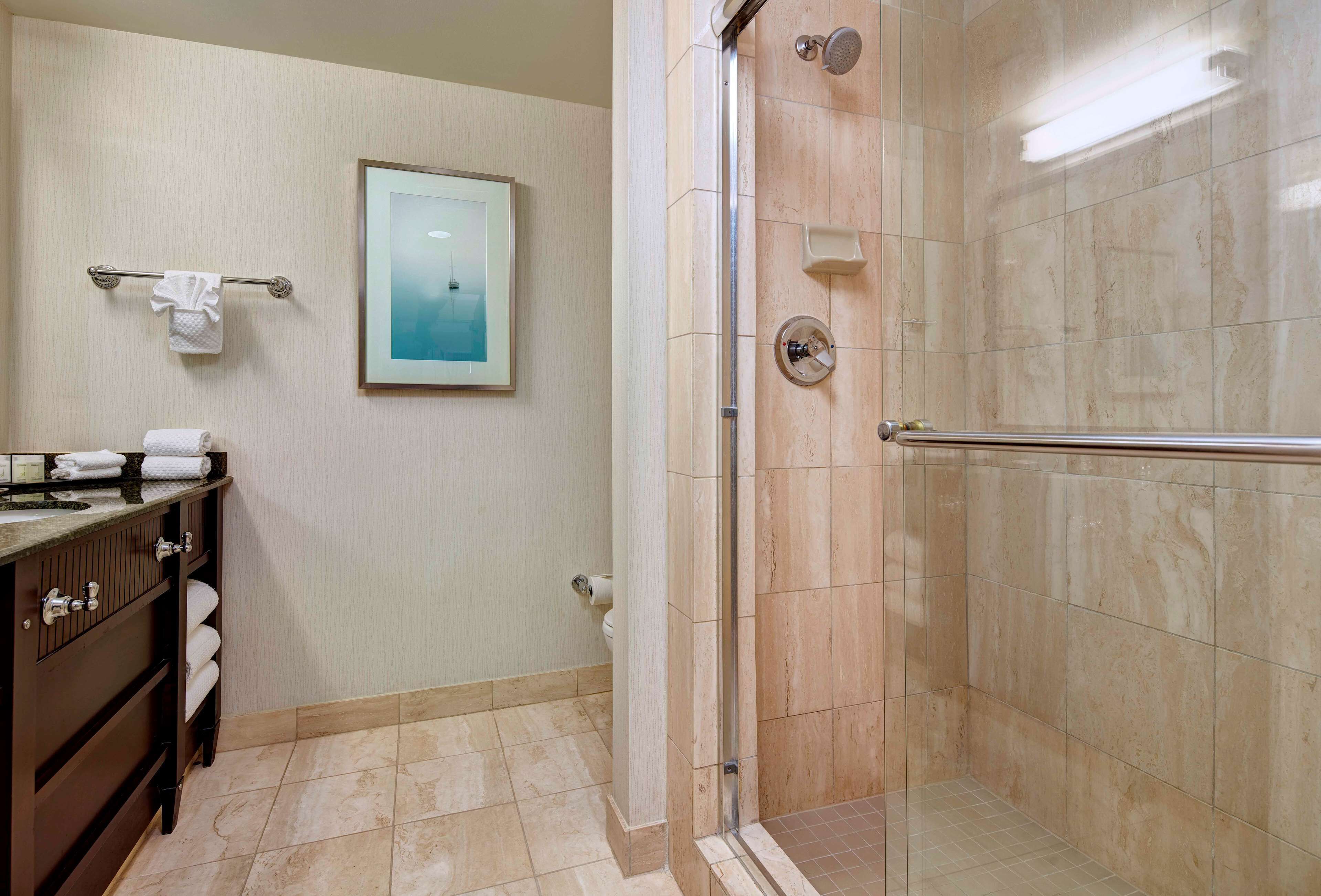 A bathroom with a shower, a toilet, a sink with a towel rack, and a framed picture on the wall.