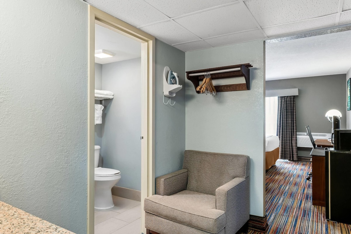 A hotel room with a toilet, a chair, a small desk, and a bed.