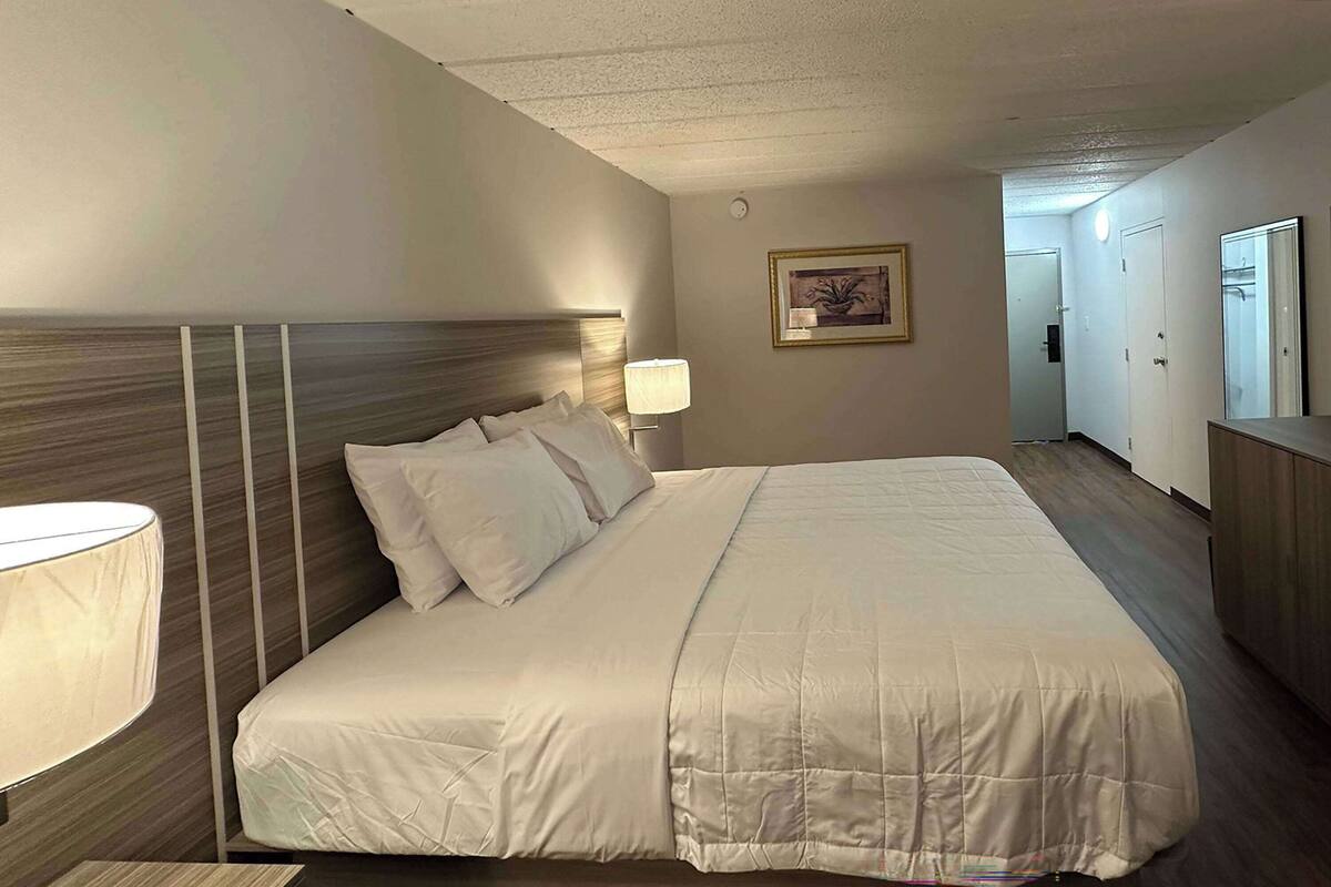 A hotel room with a large bed, a bedside lamp, a framed picture on the wall, and a mirror above the bed.