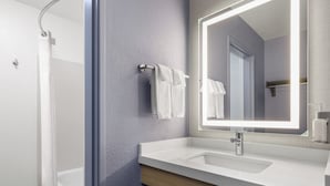 A modern bathroom with a shower, a sink, and a mirror.