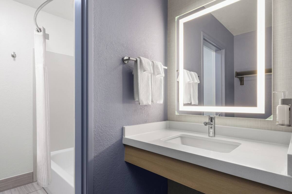 A modern bathroom with a shower, a sink, and a mirror.