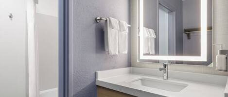 A modern bathroom with a shower, a sink, and a mirror.