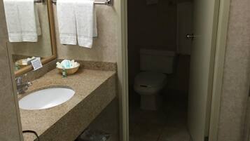A bathroom with a sink, mirror, and toilet.