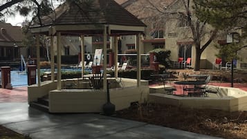 Outdoor pool, pool umbrellas, pool loungers