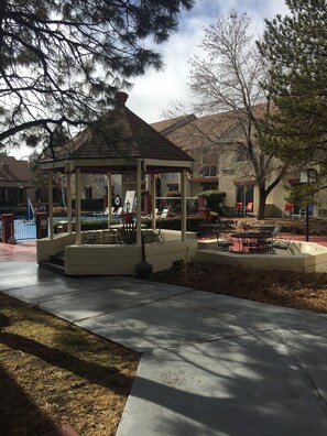 Outdoor pool, pool umbrellas, pool loungers