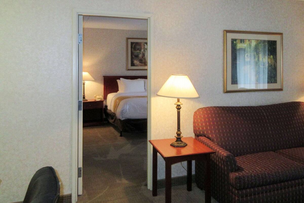 A hotel room with a bed, a bedside table with a lamp, a red sofa, and a framed picture on the wall.