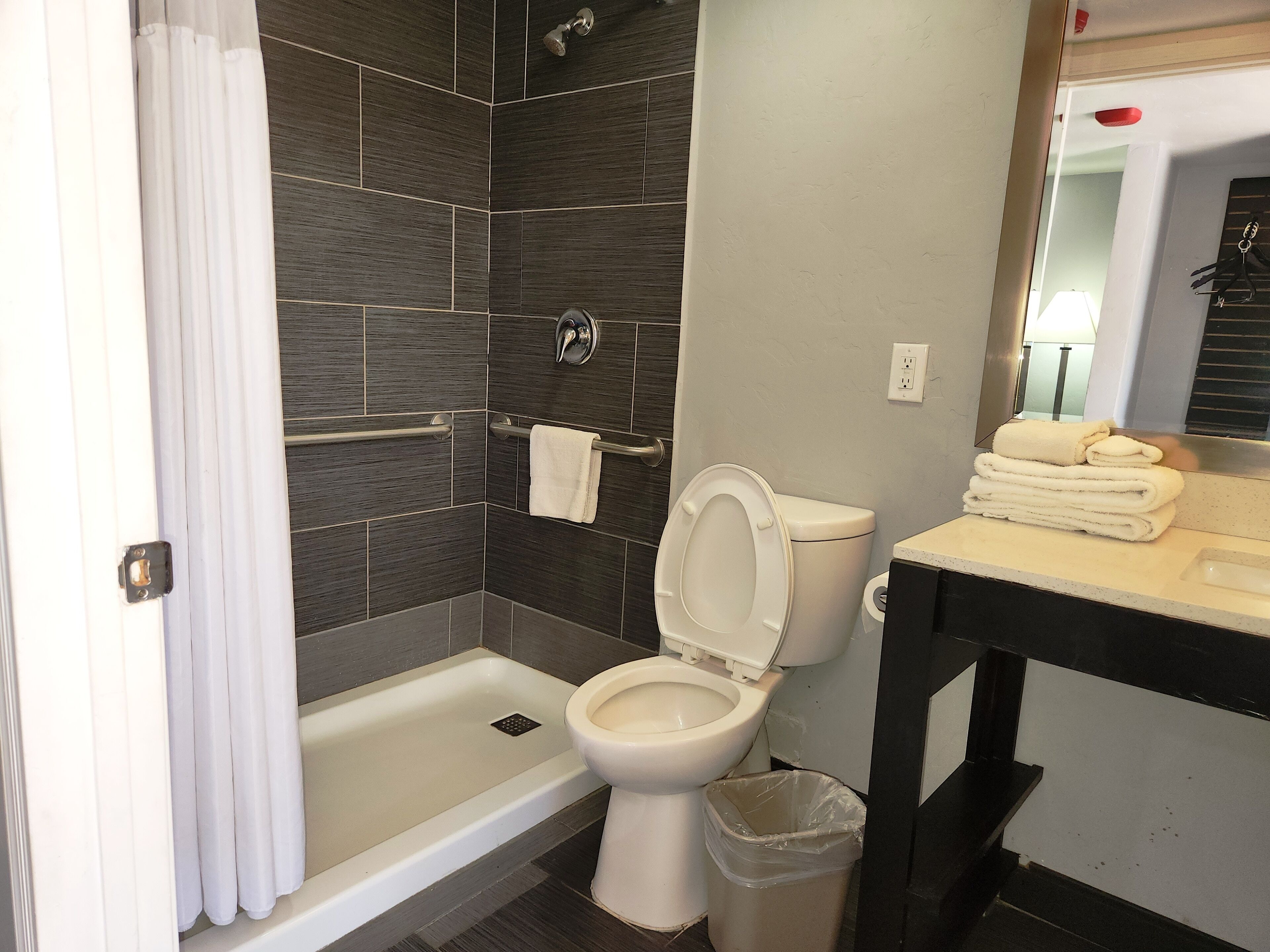 A bathroom with a shower, toilet, and sink.