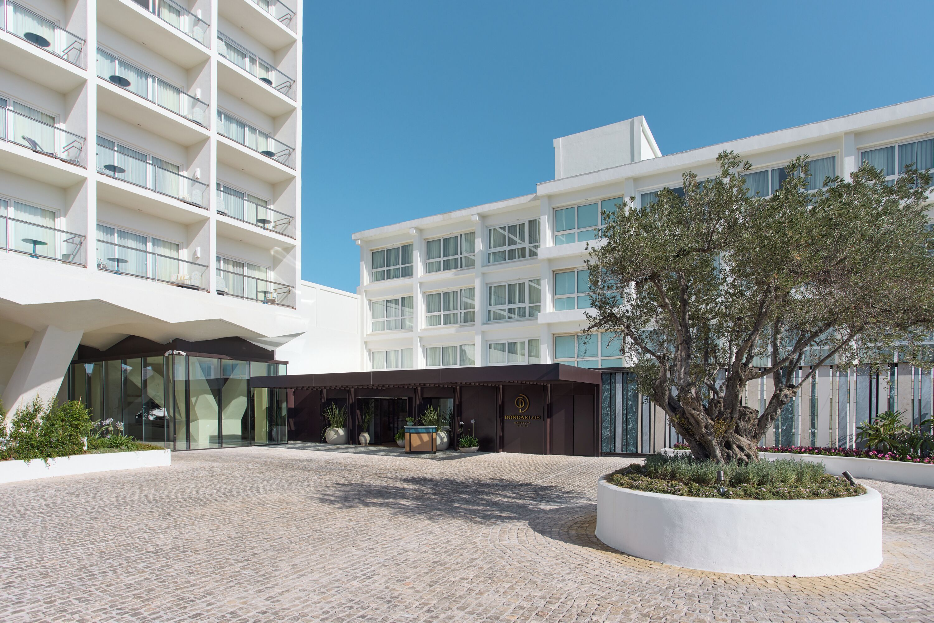 Un hôtel moderne doté d’une cour spacieuse, d’un grand arbre et d’un jardin bien entretenu.