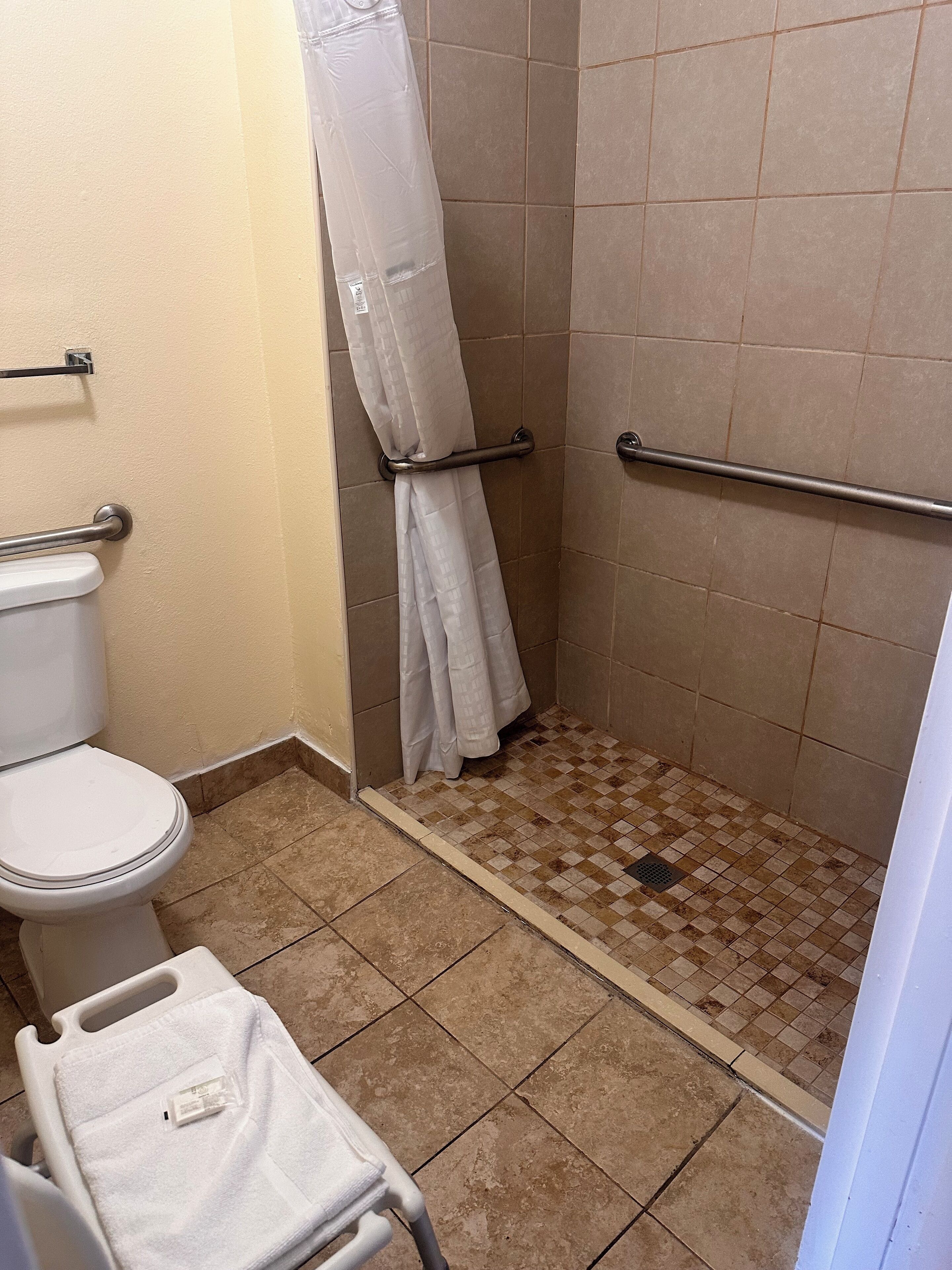 A bathroom with a toilet, a shower with a white curtain, and a grab bar.