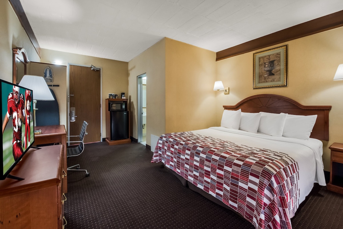 Habitación de hotel con una cama grande, un escritorio con televisor, una lámpara y un cuadro en la pared.