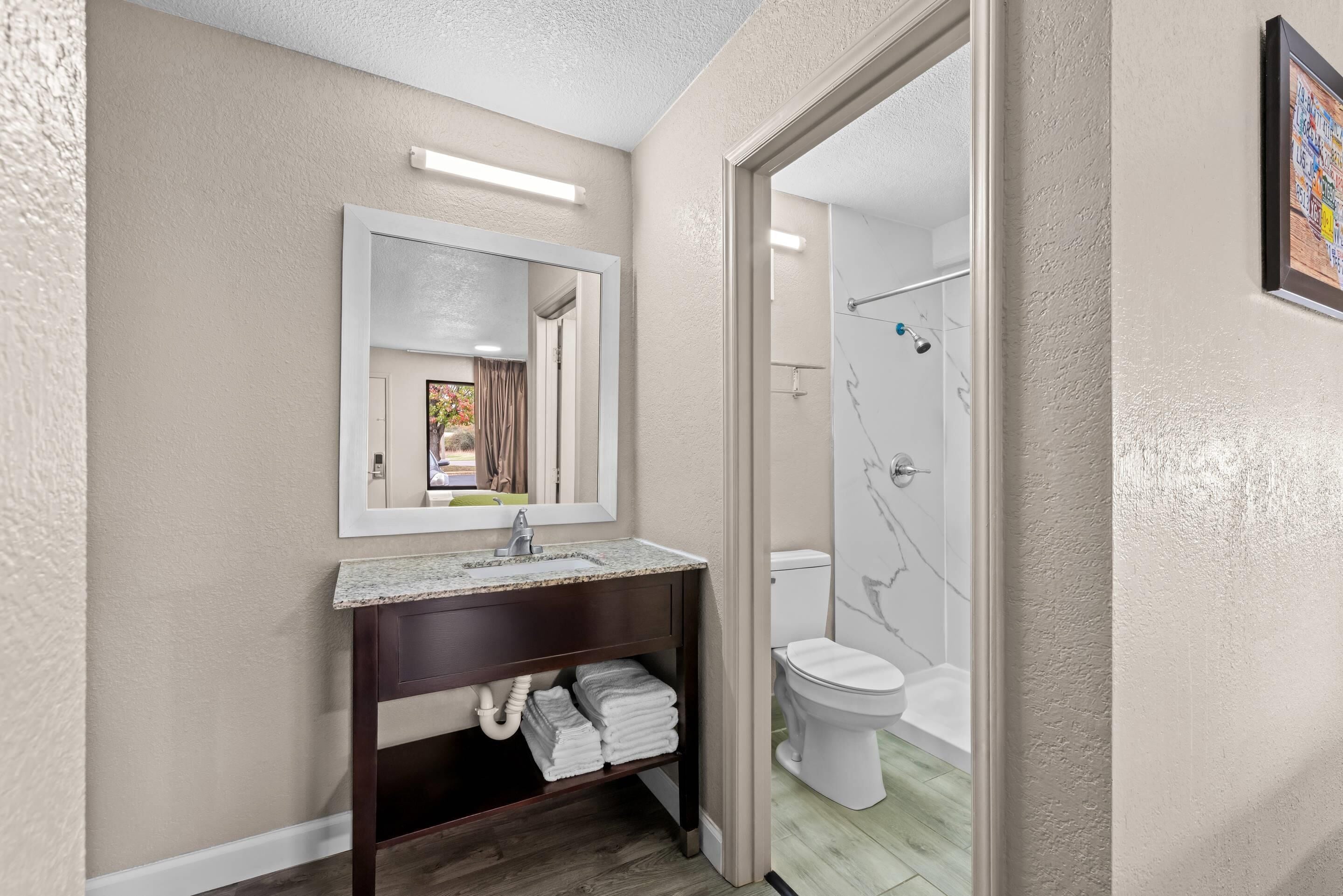 Une salle de bain équipée d’un meuble-lavabo, d’un lavabo, d’un miroir et de toilettes.